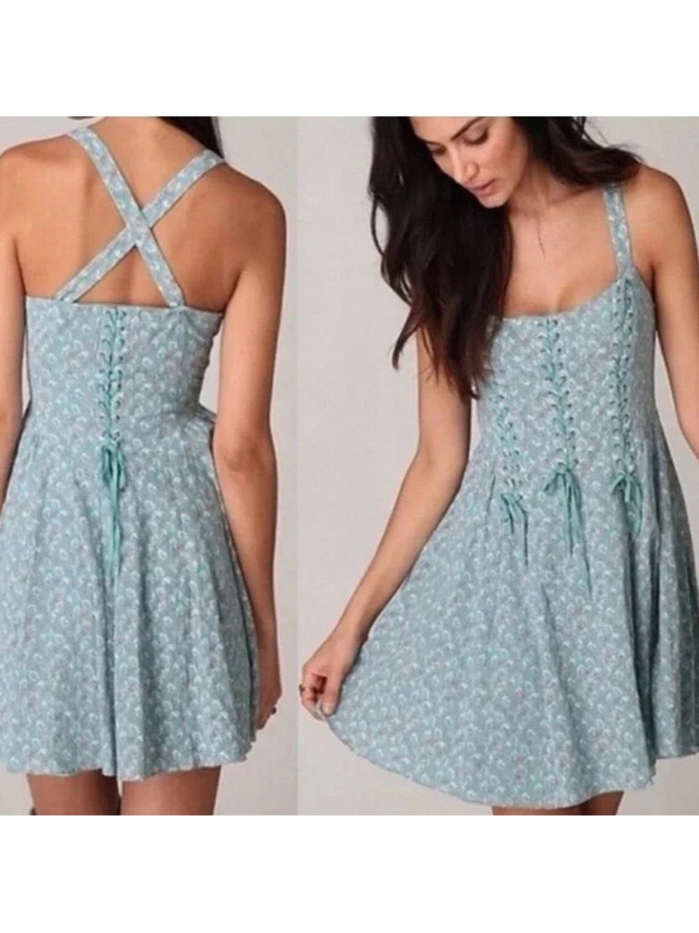 Free people Rare Light Blue Floral Sundress with Lace-Up Bodice